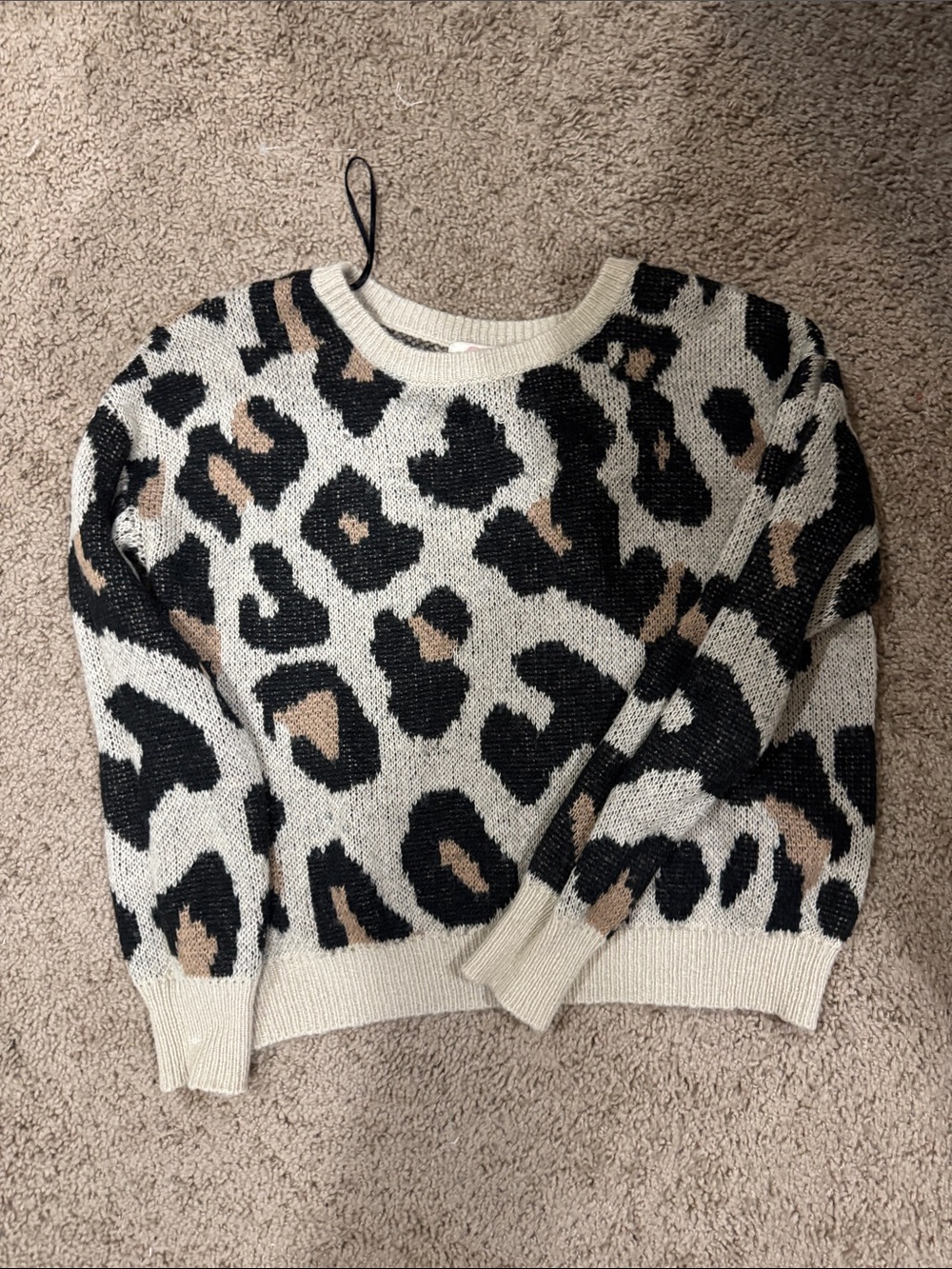 GB girls Leopard Print Crewneck Sweater in Cream, Black & Tan